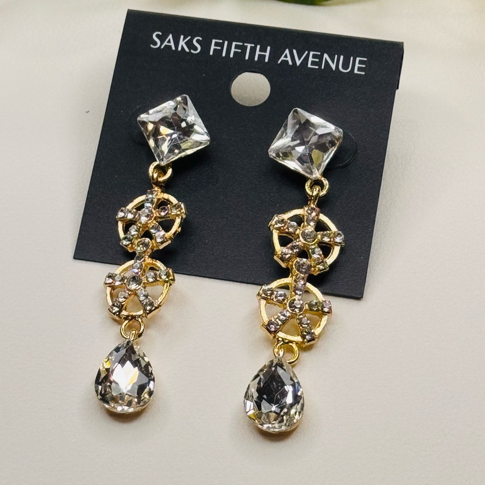 Saks Fifth Avenue Gold and Crystal Dangle Earrings 2.5 inch